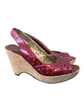 Ditto by Vaneli Red Laser-Cut Slingback Wedge With Cork Heel Open Toe Boho Chic